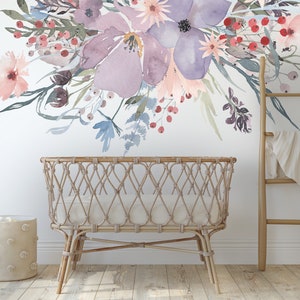 Floral Wall Decal, Watercolor Spring Flowers decal,  Rose Mural, Nursery wall Decal, Fabric Floral Decal, Peel Stick, Plastic Free Decal