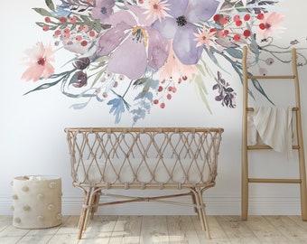 Floral Wall Decal, Watercolor Spring Flowers decal,  Rose Mural, Nursery wall Decal, Fabric Floral Decal, Peel Stick, Plastic Free Decal
