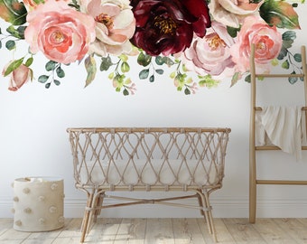 Red Rose and Blush Pink Flower watercolor decal, Rose Floral Nursery wall Decal, Fabric Peel Stick, Pink Floral Border Girl Baby Room Decal