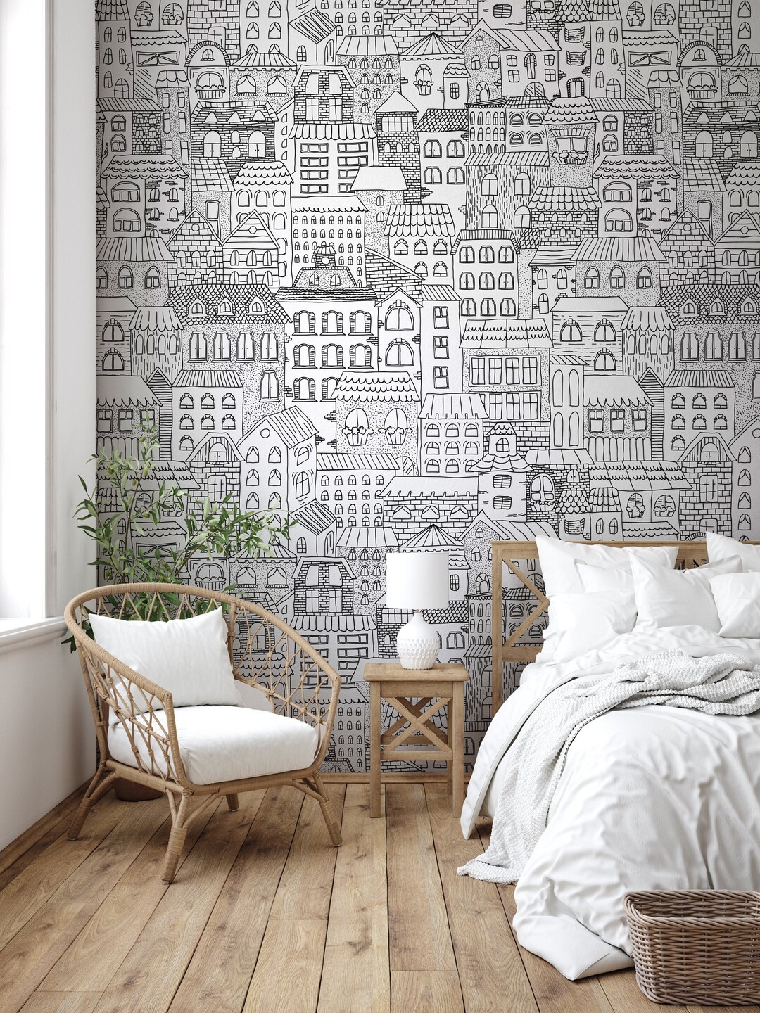 Image showcasing City Wallpaper Peel and Stick Fabric, Townhouse Wallpaper Black and ...