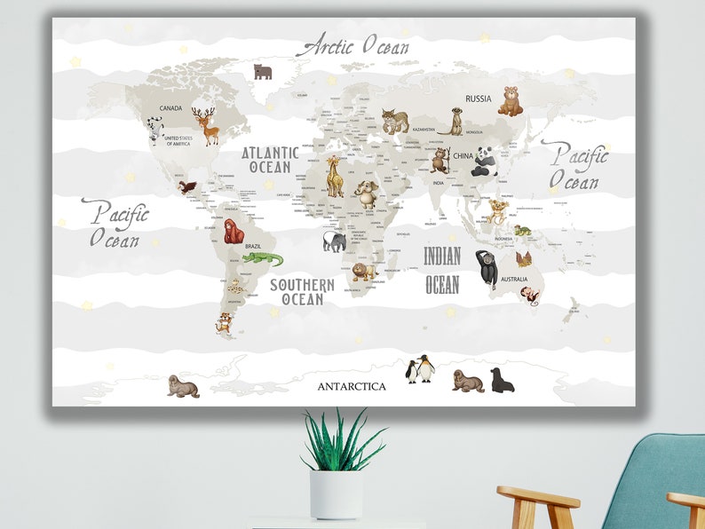 Nursery World Map Canvas Kids World Map Large World Map Etsy
