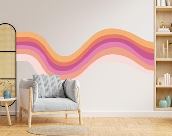 Wavy Retro Stripe Wall Decal, Retro Waves Wall Decal, Office Room Vintage 70s Peel and Stick Fabric Decal, Kids Room Decor Custom Colors