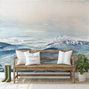 Sea Waves Wallpaper Peel and Stick Fabric, Texture Canvas Removable Wallpaper with Sea Waves Watercolor Landscape Wall Mural - K066