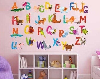 Alphabets Wall Decal for Nursery, Alphabets with Animals for easy learning A-Z Letters for Kids. Easy to apply Fabric Peel and Stick