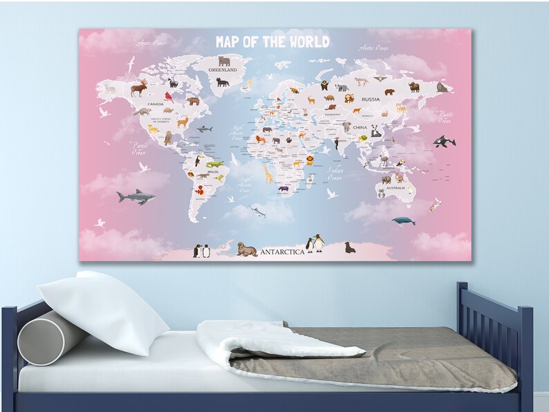 Nursery World Map Canvas Kids World Map Large World Map Etsy