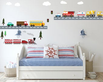 City Transportation Fabric Wall Decal, Transport City Wall Decal, Train, Cars, School bus, Fire truck, Nursery Wall Decal, Peel and Stick