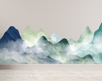 Watercolor Mountain Wall Decal, Wave Wall Mural, Peel and Stick Fabric Mountain Mural, Nursery Wall Decor, Office Wall Decal