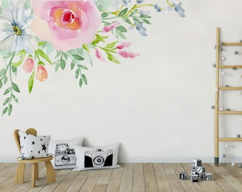 Pink Rose Wall Decal, Wall Decal Corners, Pink Watercolor Roses Pink Floral Peonies Nursery Décor Baby Girl Peony Flowers Wall Mural