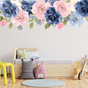 Pink Rose watercolor decal, Blue Flower Border, Floral Nursery wall Decor, Fabric Peel Stick, Pink Peony, Watercolor Peony Decal