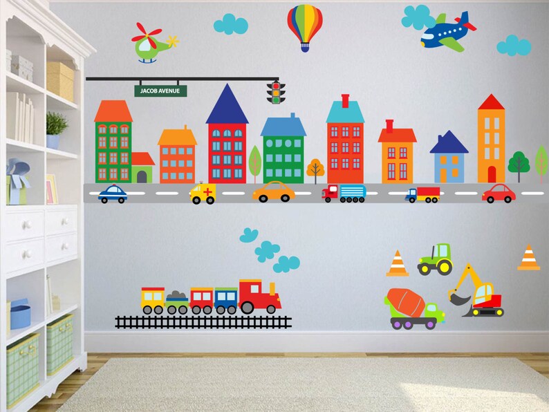 Construction Wall Decal Roads Buildings Plane Nursery Wall Etsy