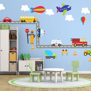 Kids Wall Fabric Decal City Transportation System, Construction Set, Cars, School bus, Fire truck, Plane removable and reusable material.