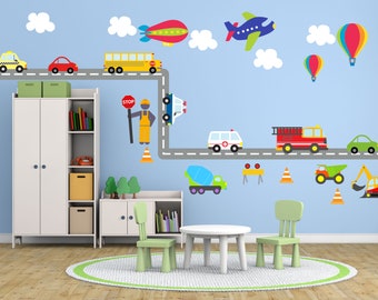 Kids Wall Fabric Decal City Transportation System, Construction Set, Cars, School bus, Fire truck, Plane removable and reusable material.