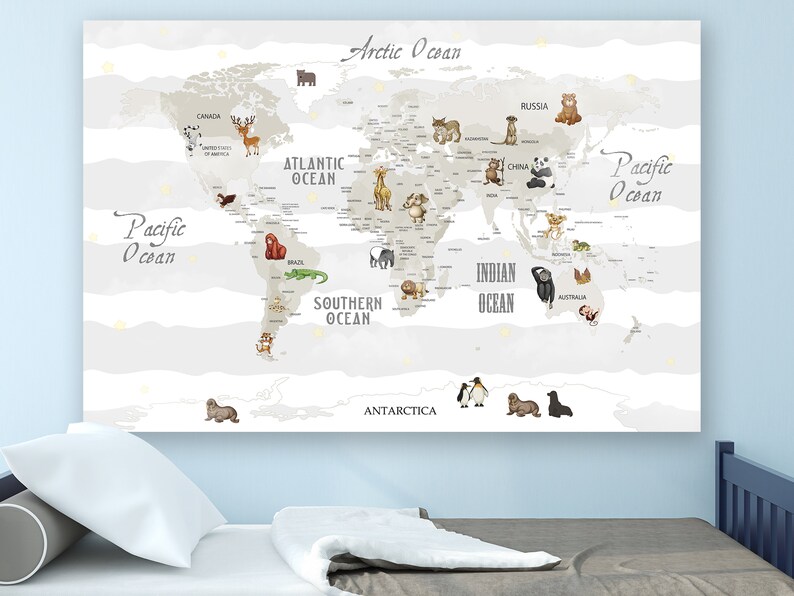 Nursery World Map Canvas Kids World Map Large World Map Etsy