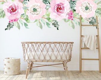 Pink Rose Flower watercolor Wall decal, Watercolor rose Mural, Floral Girl Nursery wall Decal, Peel Stick, Blush Pink Peony Border Decal