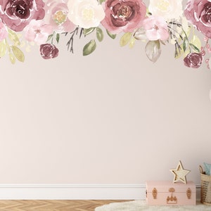 Peony Floral Wall decal, Watercolor rose Mural, Floral Nursery wall Decal, Fabric Peel Stick, Nursery Wall Decal, Pink Peony Border Decal