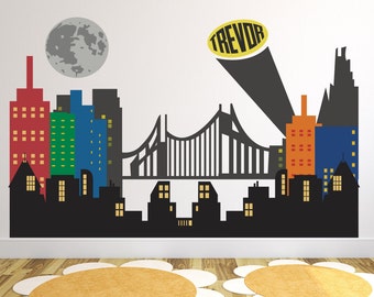 Hero Personalized Name Wall Decal with City Skyline Building, Bridge, Moon New York City Super Wall Decal, Bat, Peel N Stick, Repositionable