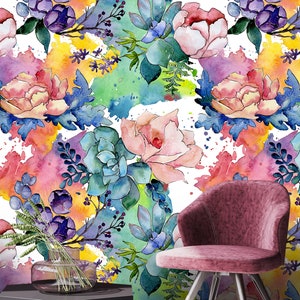 Floral Wallpaper Peel and Stick Fabric, Self Adhesive Removable Wallpaper with Colorful Flowers and Leaves Pattern Wall Mural - K119