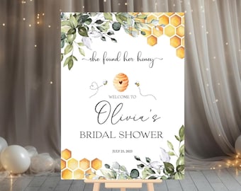 Honey Bee Bridal Shower Welcome Sign, She found her Honey Bridal Shower Sign, Eucalyptus Leaves Bridal Shower Decor, Honey Comb Bridal Sign