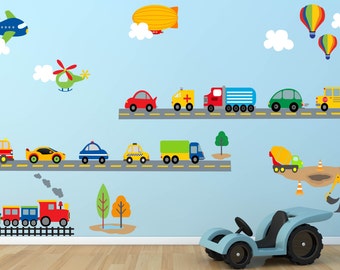 City Transport Wall Decal, Train, Construction Set, Racing Cars, School bus, Fire truck, Plane, Kids Wall Fabric Decal, Nursery Wall Decal