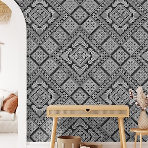 Persian Pattern Wallpaper Peel and Stick Fabric, Seamless pattern design with traditional Gray motif removable Art Wall Mural - K381