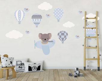 Koala Bear with Balloons Wall Decal, Plane with Clouds Wall Decal, Nursery Wall Decal for kids room, Fabric decal removable