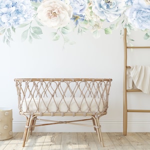 Dusty Blue Hydrangea Floral Watercolor Wall Decal Rose Mural for Nursery, Fabric Peel Stick Peony Border Decal, Nursery Baby Room Wall Decal