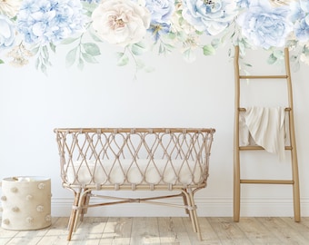 Dusty Blue Hydrangea Floral Watercolor Wall Decal Rose Mural for Nursery, Fabric Peel Stick Peony Border Decal, Nursery Baby Room Wall Decal