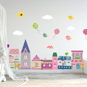 City Wall Decal, Town, Buildings, Balloon, Nursery Wall Decal, Kids Wall Decal, Houses Decal, Baby Wall Decal, REMOVABLE, REUSABLE, FABRIC