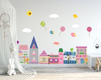 City Wall Decal, Town, Buildings, Balloon, Nursery Wall Decal, Kids Wall Decal, Houses Decal, Baby Wall Decal, REMOVABLE, REUSABLE, FABRIC