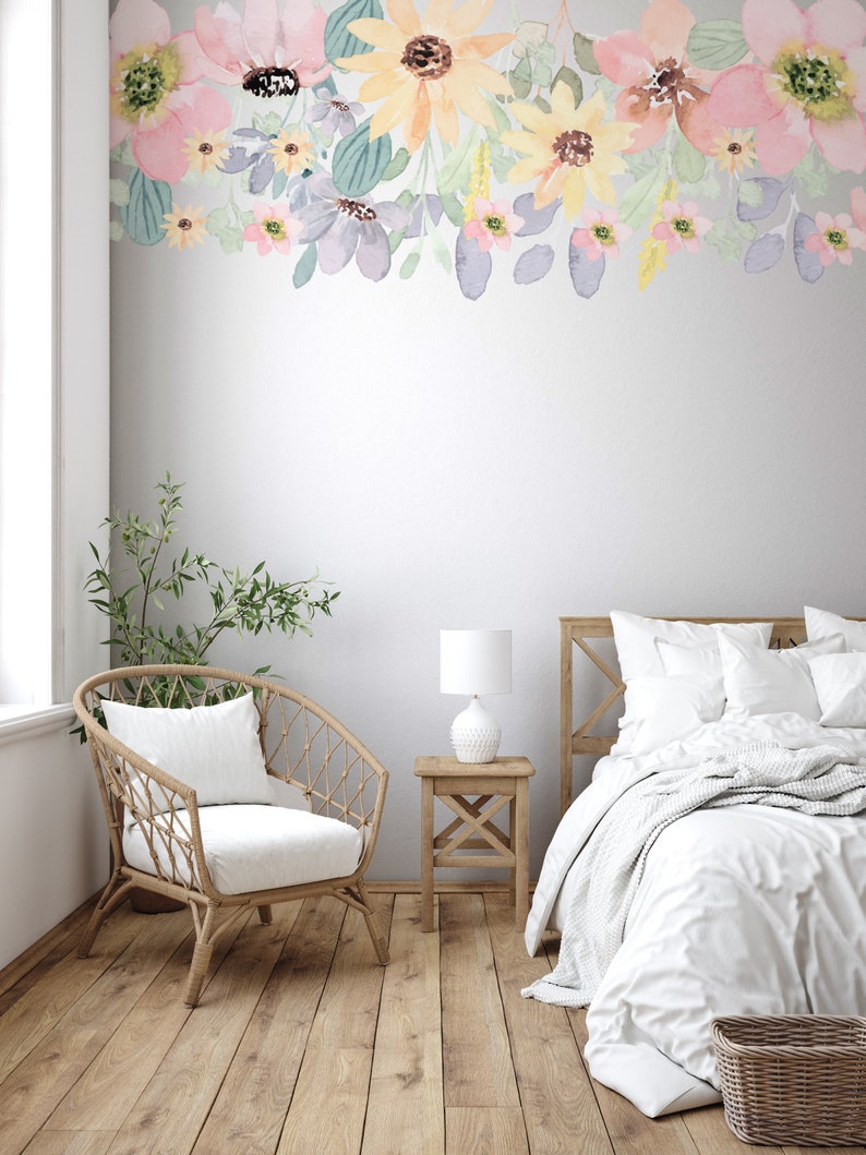 Pink Flower Watercolor Decal, Watercolor Sunflower Mural, Floral ...