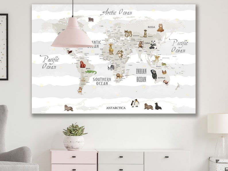 Nursery World Map Canvas Kids World Map Large World Map Etsy