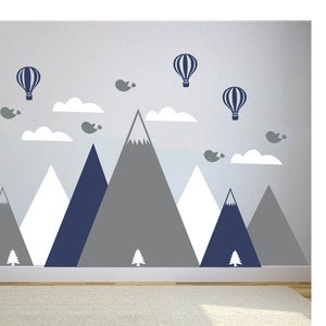 Mountain Wall Decal, Nursery Wall Decal, Clouds wall decals, Mountains, Hot Air Balloons Decals, Kids Room Decal, Clouds Wall Decor
