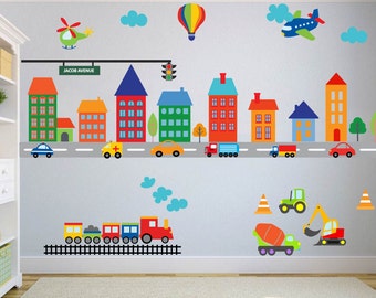 Construction Wall Decal, Roads, Buildings, Plane, Nursery Wall Decal, Kids, Baby, Transportation, Road, Fire Trucks,  Peel Stick, REUSABLE