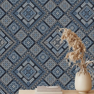 Persian Pattern Wallpaper Peel and Stick Fabric, seamless pattern design with traditional Blue motif removable Art Wall Mural - K381