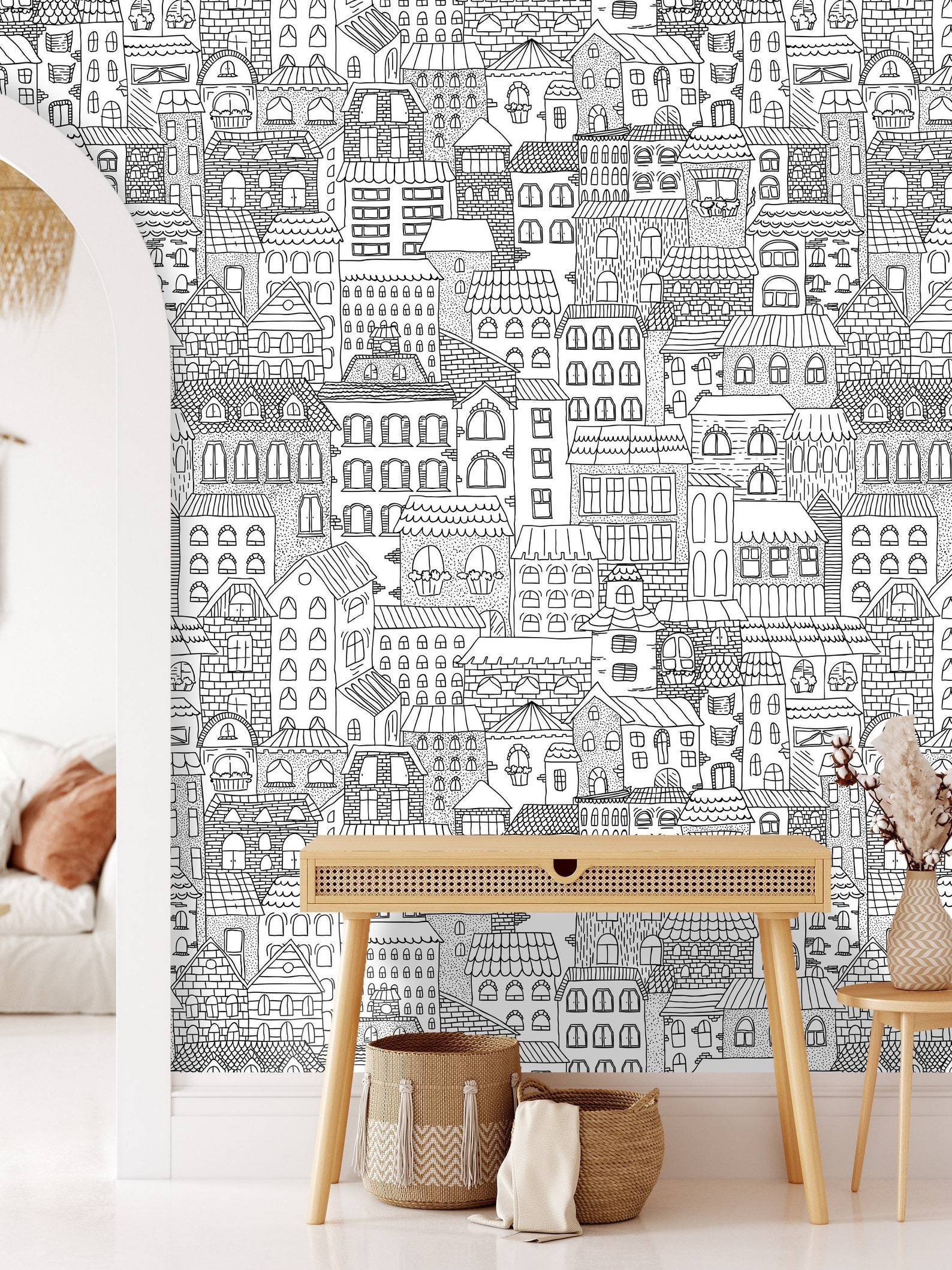 City Wallpaper Peel and Stick Fabric, Townhouse Wallpaper Black and ... - Textured Wallpaper For Small City Home
