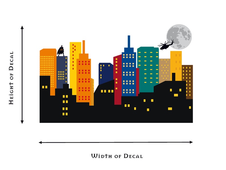 May include: A colourful cityscape decal with a black silhouette of a helicopter flying over a full moon. The decal features a black silhouette of a superhero standing on a building.