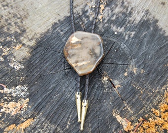 May include: A bolo tie with a brown and gold agate stone pendant. The bolo tie has black leather cords and gold-toned tips.