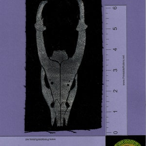 May include: A black fabric patch with a silver embroidered image of an animal skull. The skull has a pointed shape with two long, pointed horns.