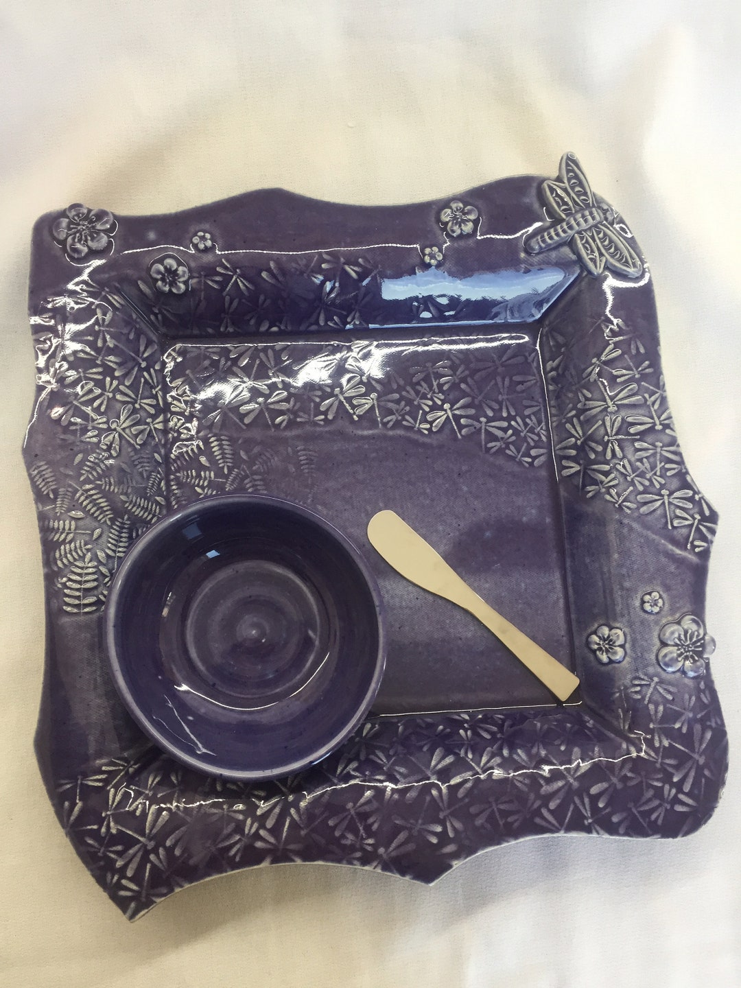 Large Handmade Serving Platter Set W/ Bowl and Spreader Dragonflies and