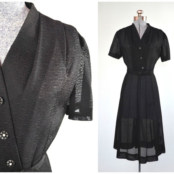 Screen Star | Vintage 40s Sheer Black Dress | 1940s Lace Shirtfrock