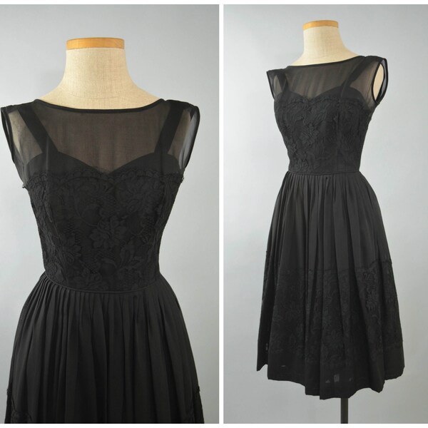 Dita | Vintage 50s Ferman O'Grady Black Lace Illusion Dress | 1950 Sleeveless Cocktail Dress