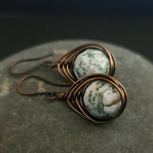 Antiqued Copper herringbone wrapped moss agate earrings,  handmade earrings BoHo copper FREE SHIPPING