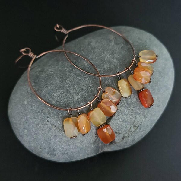 Antiqued Copper wire hoops with Carnelian drops Ultra Long Organic texture Handcrafted BEAUTIFUL BoHo earrings