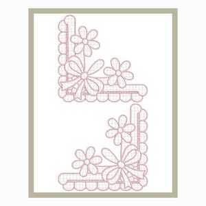 May include: A digital illustration of two decorative corner designs. Each corner features a scalloped edge, a bow, and several flowers. The design is in a light pink colour with a white background and a light green border.