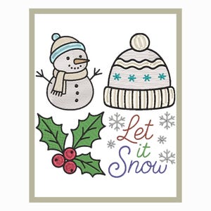 Op de afbeelding: Een winterthema ontwerp met een sneeuwpop, een gebreide muts, hulst met rode bessen en sneeuwvlokken. De woorden "Let it Snow" zijn geschreven in een kleurrijk lettertype. Het ontwerp staat tegen een witte achtergrond.