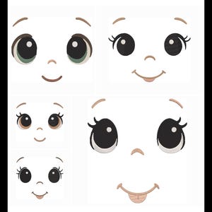 Könnte beinhalten: Eine Sammlung gestickter Cartoon-Gesichter mit verschiedenen Ausdrücken. Die Gesichter haben große Augen, geschwungene Augenbrauen und lächelnde Münder. Die Farbpalette umfasst Brauntöne, Schwarz und Grün auf weißem Hintergrund.