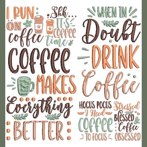 Maskinbroderidesigner med kaffetema, kvicka ordspråk för gör-det-själv-entusiaster och heminredning