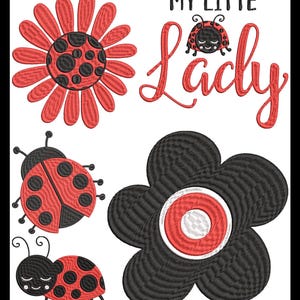 Op de afbeelding: Borduurwerk met een rode bloem met zwarte stippen, een zwarte bloem met een rode kern en drie rode lieveheersbeestjes met zwarte stippen. De tekst "My Little Lady" is geschreven in rode cursieve letters.