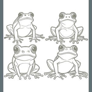 May include: Four detailed line drawings of frogs are arranged on a white background. The frogs are in various poses, each with large eyes and webbed feet. The artwork is in shades of gray and has a minimalist style.