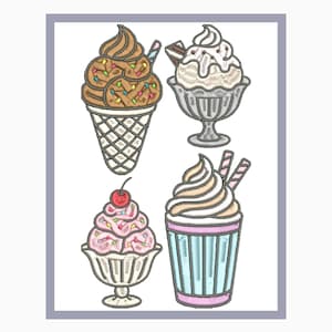 May include: An embroidered design featuring four ice cream treats. Includes a chocolate cone with sprinkles, a sundae in a silver dish, a pink sundae with a cherry, and a layered ice cream in a blue cup with pink trim.